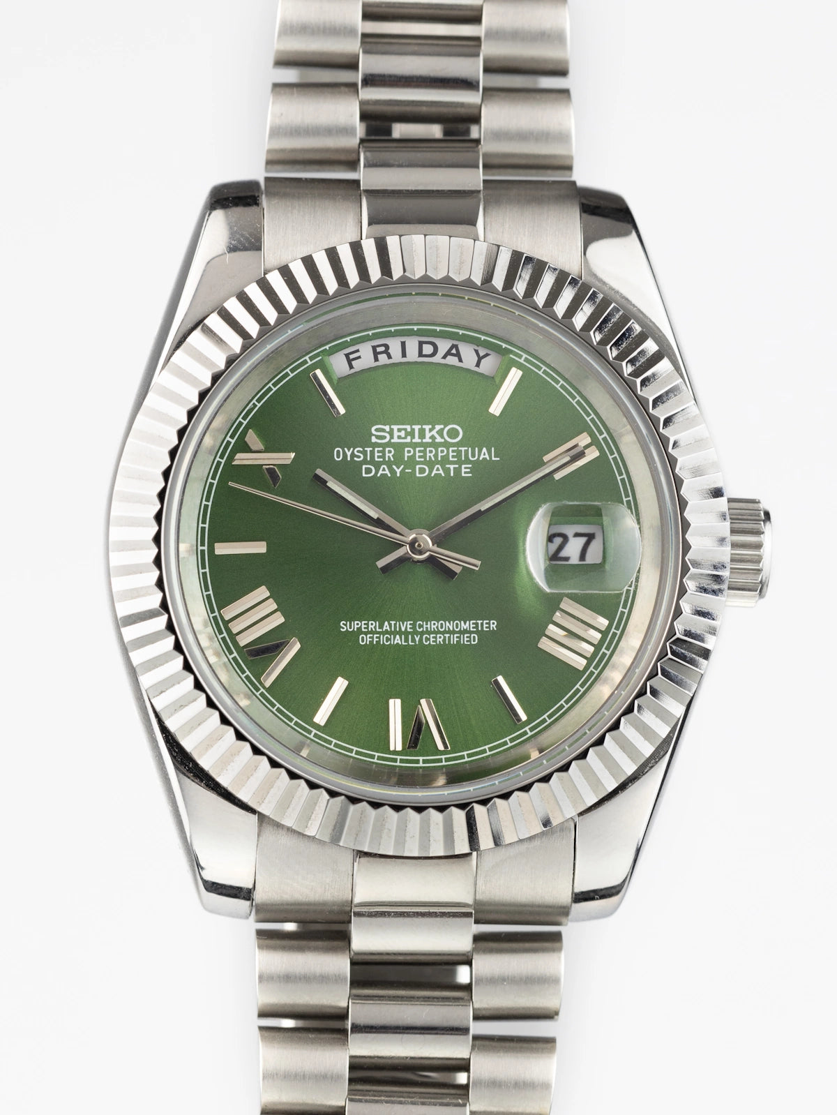 Seiko Mod Oyster Perpetual Day-Date Watch with Olive Dial