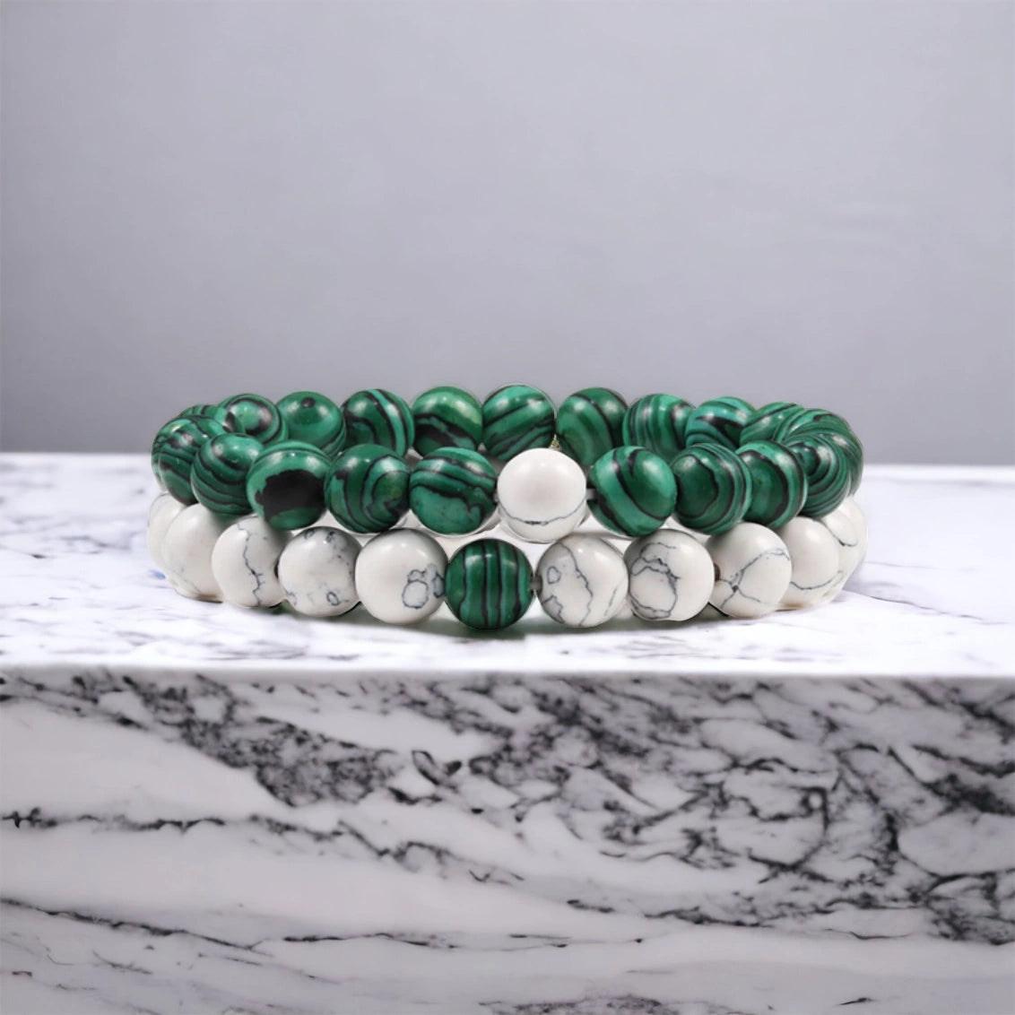 Bracelet en pierre de marbre vert et blanc de style Boho